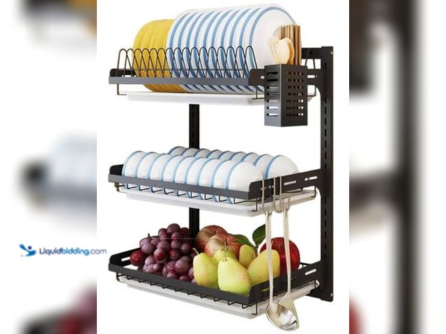 Lot 49-3432119 - Wall Mounted Dish Drying Rack, 3 Tier Hanging Dish Rack Drainer, Wall Mount Kitchen Plate Organizer ...