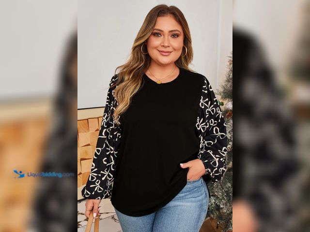 Lot 49-1570326 - Dear Lover Size 1X Black Bow Knot Patchwork Crewneck Plus Size Blouse, Model # PL2514119-P220-1X, Un...