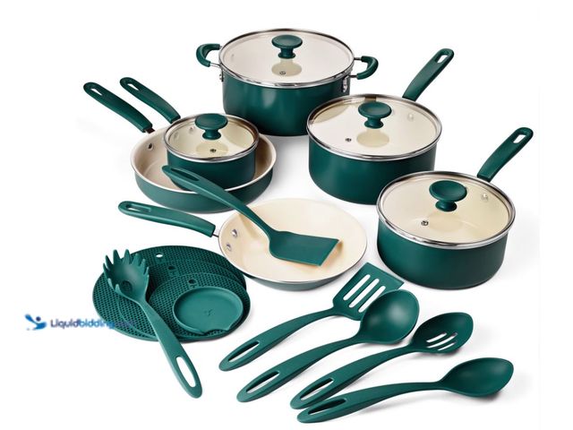 Lot 49-2026327 - Tramontina Ceramaware 20-Piece Ceramic Nonstick Cookware Set , Green. Model #18973354840. MSRP: $69....