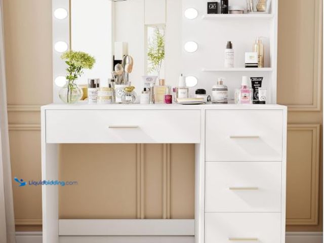 Lot 49-3473707 - Vanity Desk with Mirror and Lights, Makeup Vanity Table with Storage Shelves and 4 Drawers, Bedroom ...