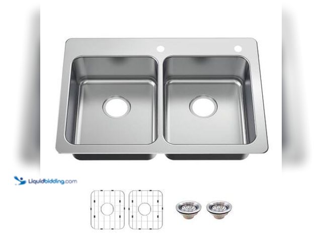 Lot 49-5548985 - Glacier Bay Bratten 33 in. Drop-In 50/50 Double Bowl 18 Gauge Stainless Steel Kitchen Sink with Acce...