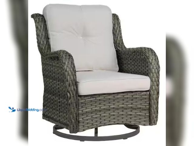 Lot 49-2025341 - Uixe Wicker Rattan Taupe Patio Outdoor Rocking Chair Swivel with Beige Cushions (Set of 1), Model # ...