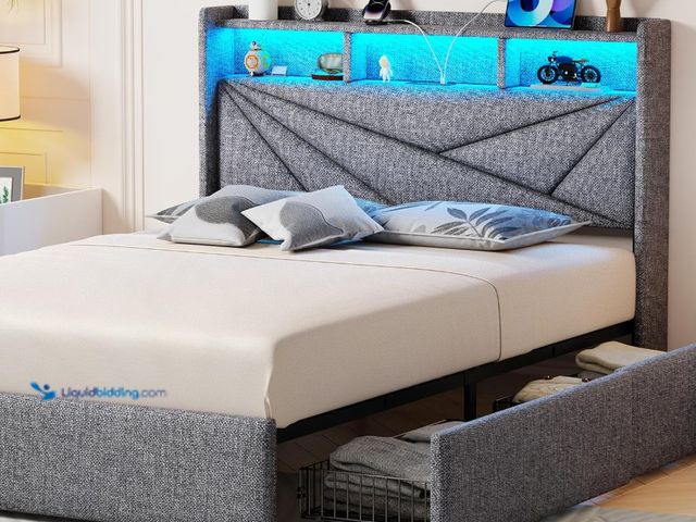 Lot 49-1534089 - King Size Bed Frame with 4 Storage Drawers, Upholstered King Bed Frame with Charging Station and LED...