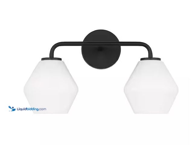 Lot 49-1568551 - Generation Lighting Jett 17 in. 2-Light Midnight Black Bathroom Vanity Light with Milk Glass Shades ...