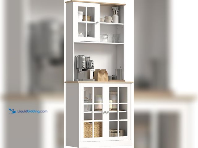 Lot 49-5459325 - HOMCOM Kitchen Pantry Storage Cabinet, 72" Freestanding Cabinet with Hutch, Large Countertop, Glass ...