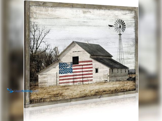 Lot 49-5553186 - Rustic Landscape Wooden Picture Artwork - Neutral Color Barn with USA Flag Accent Windmill Painting ...