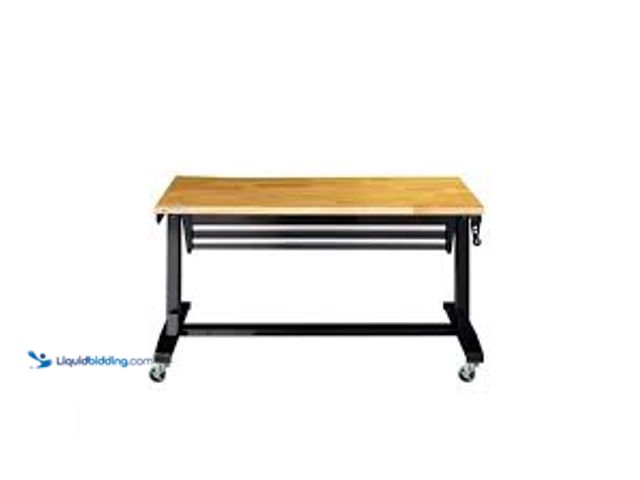 Lot 49-5439217 - Husky 52 in. W x 24 in. D 2-Drawer Adjustable Height Blaxk Work Table with Solid Wood Top. Model # H...