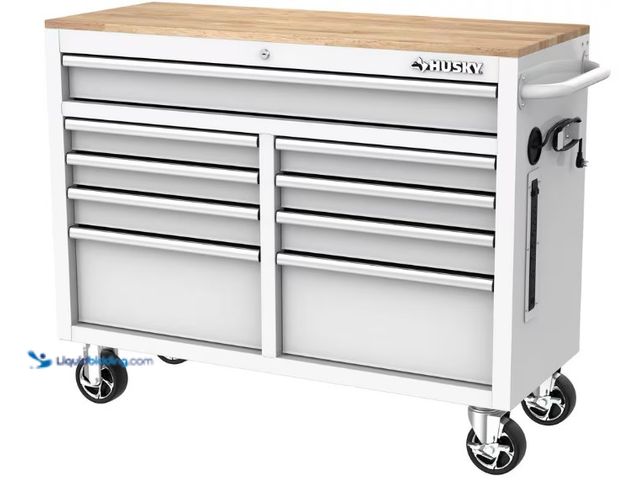 Lot 49-1526267 - Husky Tool Storage 46 in. W x 18 in. D 9-Drawer Gloss White Mobile Workbench Cabinet, Model # H46X18...