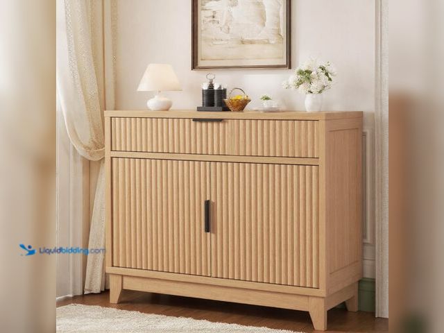 Lot 49-3480423 - VEANERWOOD Sideboard Storage Cabinet with Doors and Shelves, Wooden Fluted Cabinet with Adjustable S...