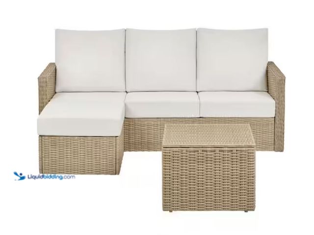 Lot 49-2006284 - Hampton Bay Everlee 3-Piece Wicker Outdoor Sectional Set with Almond Cushions, Model # DE247636465B,...