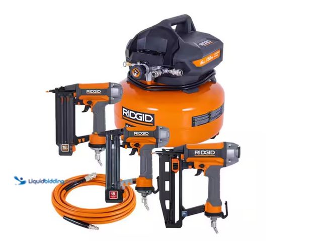 Lot 49-3431812 - RIDGID 6 Gal. 150 PSI Electric Air Compressor with 25 ft. Hose, 18GA Brad Nailer, 16GA Finish Nailer...