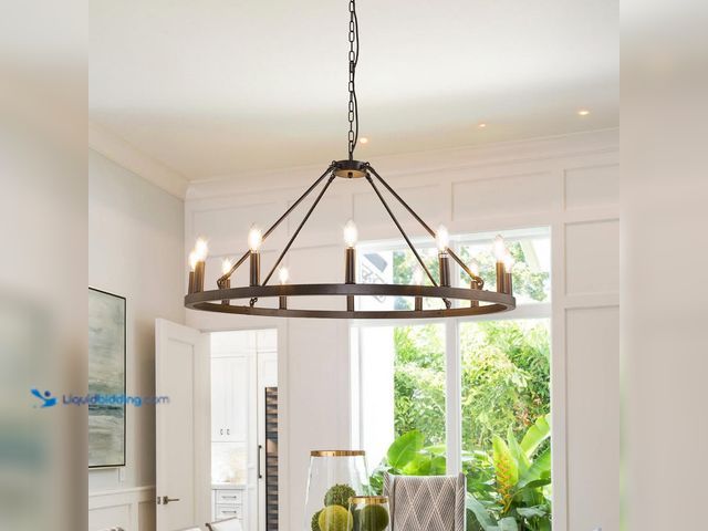 Lot 49-5437997 - Magic Home 37 in. 12-Light Black Classic Adjustable Height Metal Ceiling Light Farmhouse Wagon Wheel...