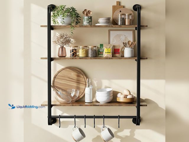 Lot 49-3565410 - 3 Tier Industrial Pipe Floating Shelf, 24" Kitchen Wall Shelves with Towel Bar & 6 Hooks, Coffee Bar...