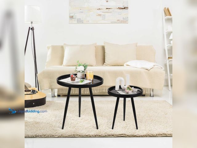 Lot 49-5409699 - Round Side Table Set of 2,Black Marble Pattern Tray Shaped Small End Table,Circle Nightstand for Liv...