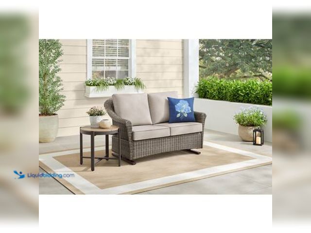 Lot 49-5546729 - Hampton Bay Brooke Mill Brown Metal 2-Person Wicker Outdoor Glider with CushionGuard Putty Tan Cushi...