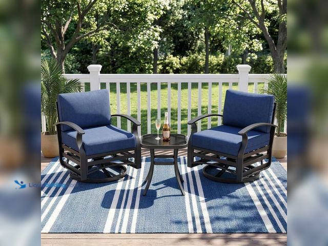 Lot 49-2024582 - Halmuz 3-Piece Aluminum Swivel Outdoor Gliding Chairs Patio Conversation Set with Navy Cushions and ...