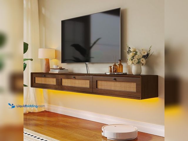 Lot 49-1630665 - Rustic Floating TV Stand with 3 Rattan Doors, Wall Mounted, 70 Inch, Model #B0F7XGSC34, NOTE: Unused...