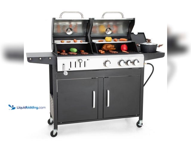 Lot 49-5487157 - PHI VILLA
3-Burner Dual Fuel Grill Propane and Charcoal in Black with Side Burner Hose and Regulato...