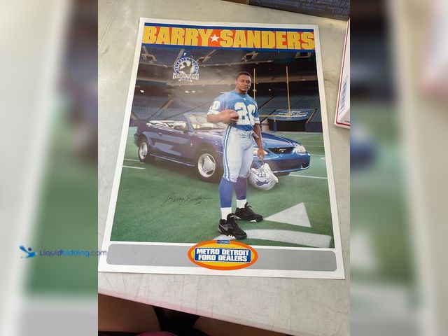 Lot 49-5450035 - DETROIT LIONS BARRY SANDERS METRO DETROIT FORD DEALERS PROMO POSTER WITH FACSIMILE AUTOGRAPH MEASURE...