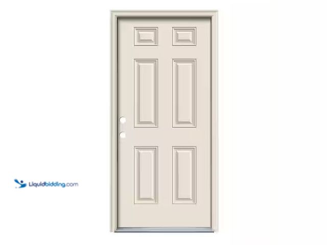 Lot 49-1572048 - JELD-WEN 30 in. x 80 in. 6-Panel Primed Fiberglass Prehung Right-Hand Inswing Front Door w/Brickmoul...