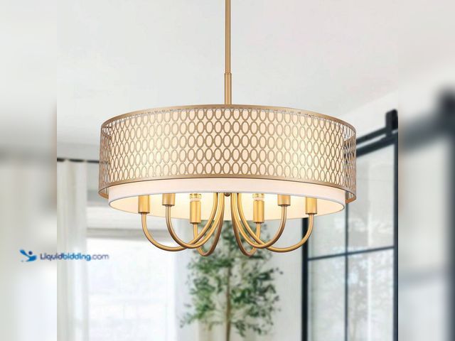 Lot 49-1637959 - 6-Light Matte Shine Gold Farmhouse Drum Candlestick Dimmable Chandelier with Fabric & Metal Shade, U...