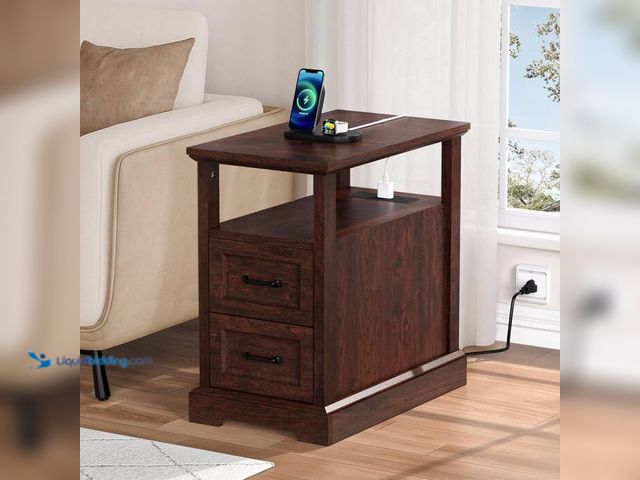 Lot 49-2024470 - Hommpa Farmhouse 13.78 in. Brown Rectangle Particle Board End Table with Outlets, 2 Drawers and Open...