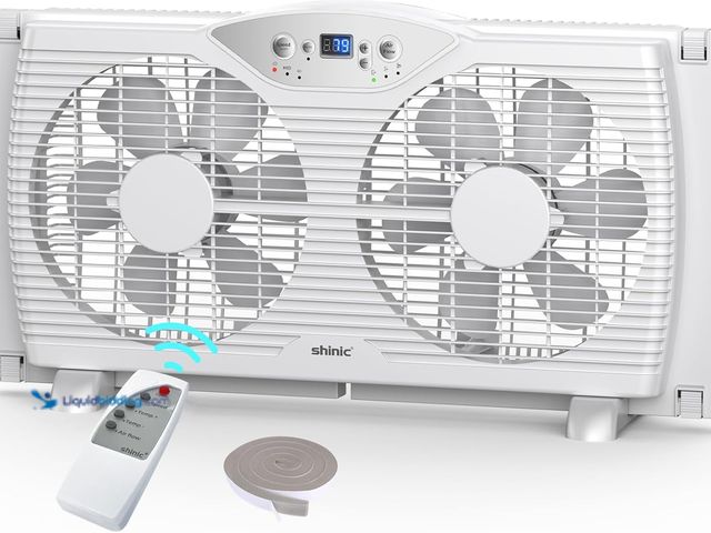 Lot 49-5416538 - shinic Twin Window Fan, 9-Inch Blades Reversible Airflow, Thermostat Control, 3 Speeds, 23.8"-37" Ex...