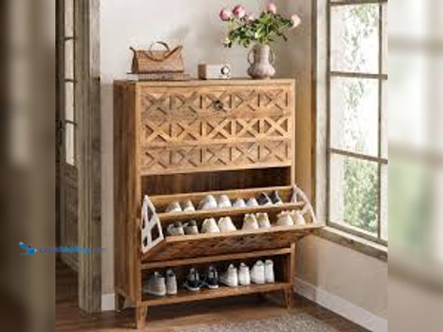 Lot 49-5415389 - BYBLIGHT 43.3 in. H x 31.5 W Brown Wood Shoe Storage Cabinet, Freestanding Shoe Rack Cabinet with Le...