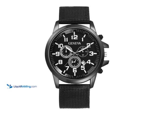 Lot 49-3471035 - Geneva Quartz Wrist Watch with Date Display and Nylon Strap - Black - Rugged alloy case with 1ATM wa...