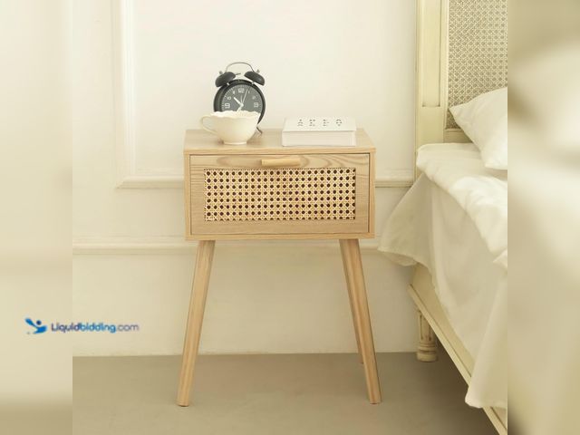 Lot 49-5410590 - AWASEN Rattan Nightstand, Bedside Table with Rattan Drawer, Wood End Table with Storage and Solid Wo...
