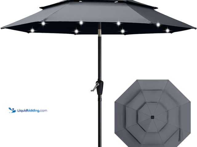 Lot 49-3617651 - ABCCANOPY Solar LED 11-FT 3-Tier Patio Umbrella With Crank Handle, Gray - Unused , unable to test   ...