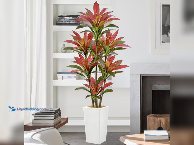 Lot 49-5458855 - Artificial Red Dracaena Tree 6FT with 114 Leaves & 7 Heads & White Tall Planter Cover with Coconut F...