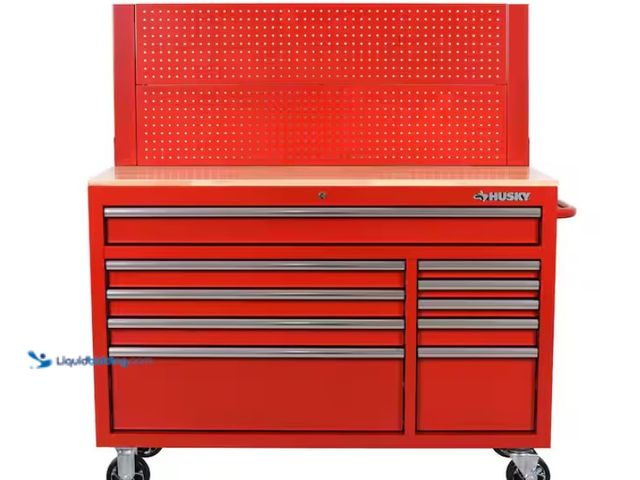 Lot 49-1567748 - Husky 52 in. W 10-Drawer Gloss Red Mobile Workbench Cabinet with Solid Wood Top and Pegboard, Model ...