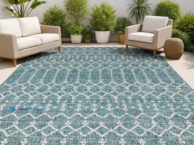 Lot 49-1623471 - JONATHAN Y Ourika Moroccan Teal/Gray 7 ft. 9 in. x 10 ft. Geometric Textured Weave Indoor/Outdoor Ar...