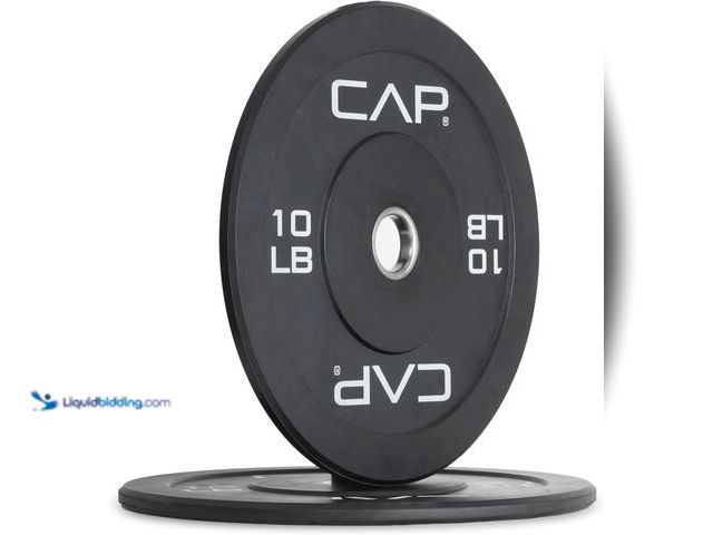 Lot 49-5463146 - (2) 10lb CAP Barbell Rubber Olympic Bumper Plate | Economy White Letters (opened to view) New