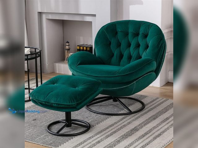 Lot 49-5485241 - Velvet Swivel Accent Chair with Ottoman Set, Modern Lounge Chair with Metal Base Frame & Footrest, C...