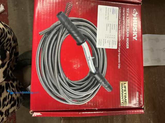 Lot 49-5449497 - Husky 1/2 in. x 50 ft. Heavy‑Duty Manual Drain Auger for Clogged Sink, Shower and Floor Drains Unuse...