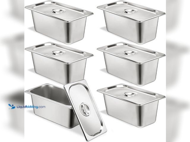 Lot 49-5553108 - 6 Set Stainless Steel Hotel Pans 1/3 Size 6 Inch Deep With Lids, Anti-Jam Chafing Steam Table Pans, ...