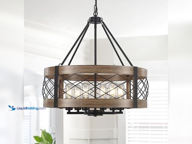 Lot 49-3528886 - 6-Light Farmhouse Chandelier for Dining Room, 21.6 inch Metal Drum Chandelier with Vintage Wood Text...