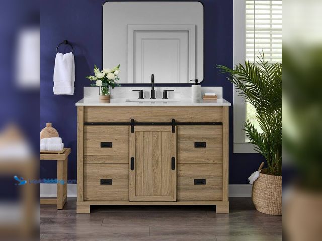 Lot 49-5406632 - Glacier Bay Brindley 48 in. Single Sink Freestanding Aged Oak Bath Vanity with White Engineered Ston...