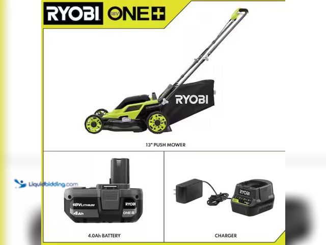Lot 49-1631088 - RYOBI ONE+ 18V 13 in. Cordless Battery Walk Behind Push Lawn Mower with 4.0 Ah Battery and Charger, ...