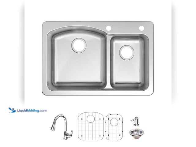Lot 49-5408371 - Glacier Bay Bratten 33 in. Drop-In 60/40 Double Bowl 18 Gauge Stainless Steel Kitchen Sink with Pull...