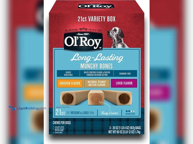 Lot 49-3563445 - Ol' Roy Munchy Bones Dog Treats Variety Box, Chicken, Peanut Butter, Liver, 21 ct Model:B09885QF8L U...