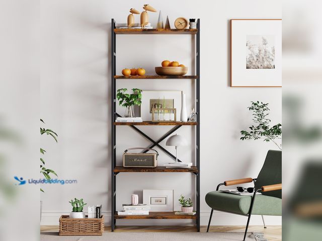 Lot 49-3531246 - Vongrasig 5 Tier Bookshelf, Modern Tall Bookcase, Industrial Book Shelves Display Standing Shelf, Fr...