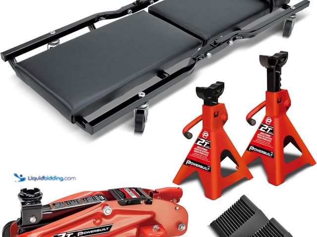 Lot 49-5437875 - Powerbuilt 6 Piece Car Jack and Garage Creeper Service Set, 2 Ton Vehicle Lift, Jackstands, Folding ...