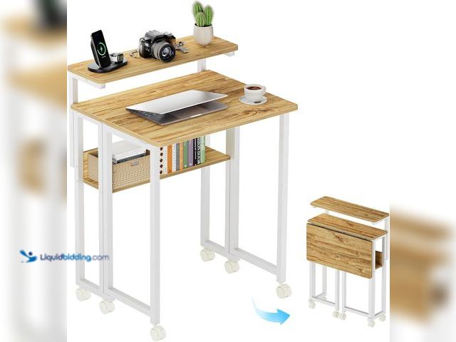 Lot 49-5560002 - GreenForest Folding Desk with Adjustable Monitor Stand, 24.8 in Small Desk | Storage Shelf, Lockable...