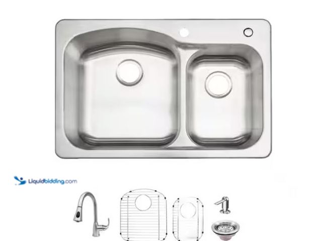 Lot 49-1627260 - Glacier Bay 33 in. Drop-In 60/40 Double Bowl 18 Gauge Stainless Steel Kitchen Sink with Pull-Down Fa...