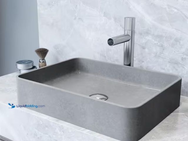 Lot 49-1567595 - VIGO Tarragona Gothic Gray Concreto Stone 19 in. L x 14 in. W x 4 in. H Rectangular Vessel Bathroom ...