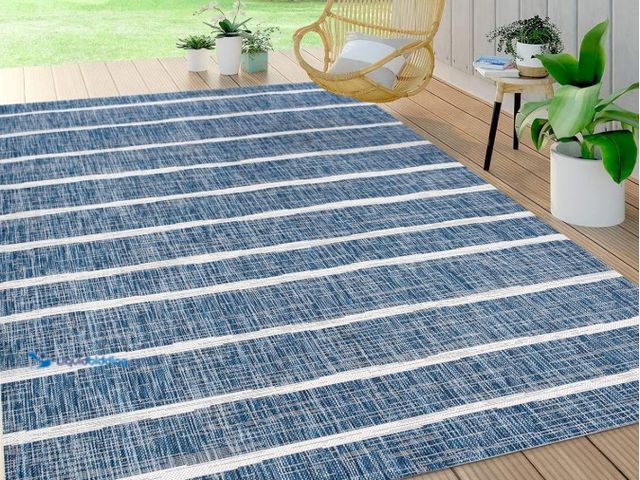 Lot 49-1575562 - JONATHAN Y Berber Stripe Indoor Outdoor Area Rug 9X12 Blue/Ivory, Colonia for Backyard, Patio, Porch...