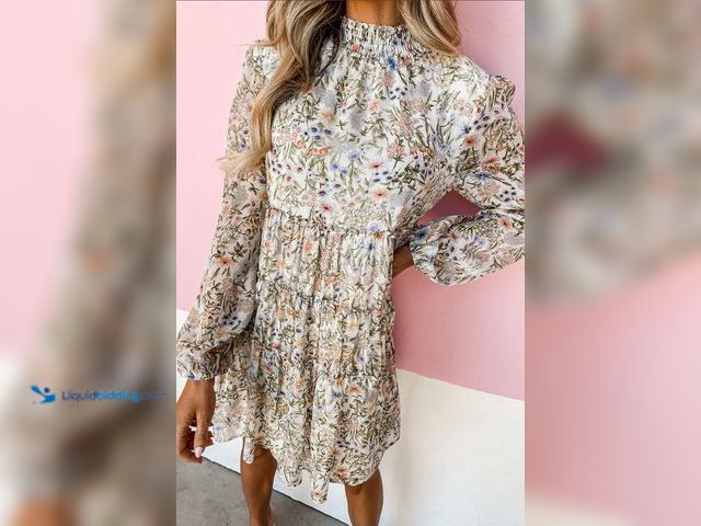 Lot 49-1570341 - Size Medium Floral Print Tiered Frilled Shirred Mock Neck Mini Dress, Multicolor, Model # LC6122288-...